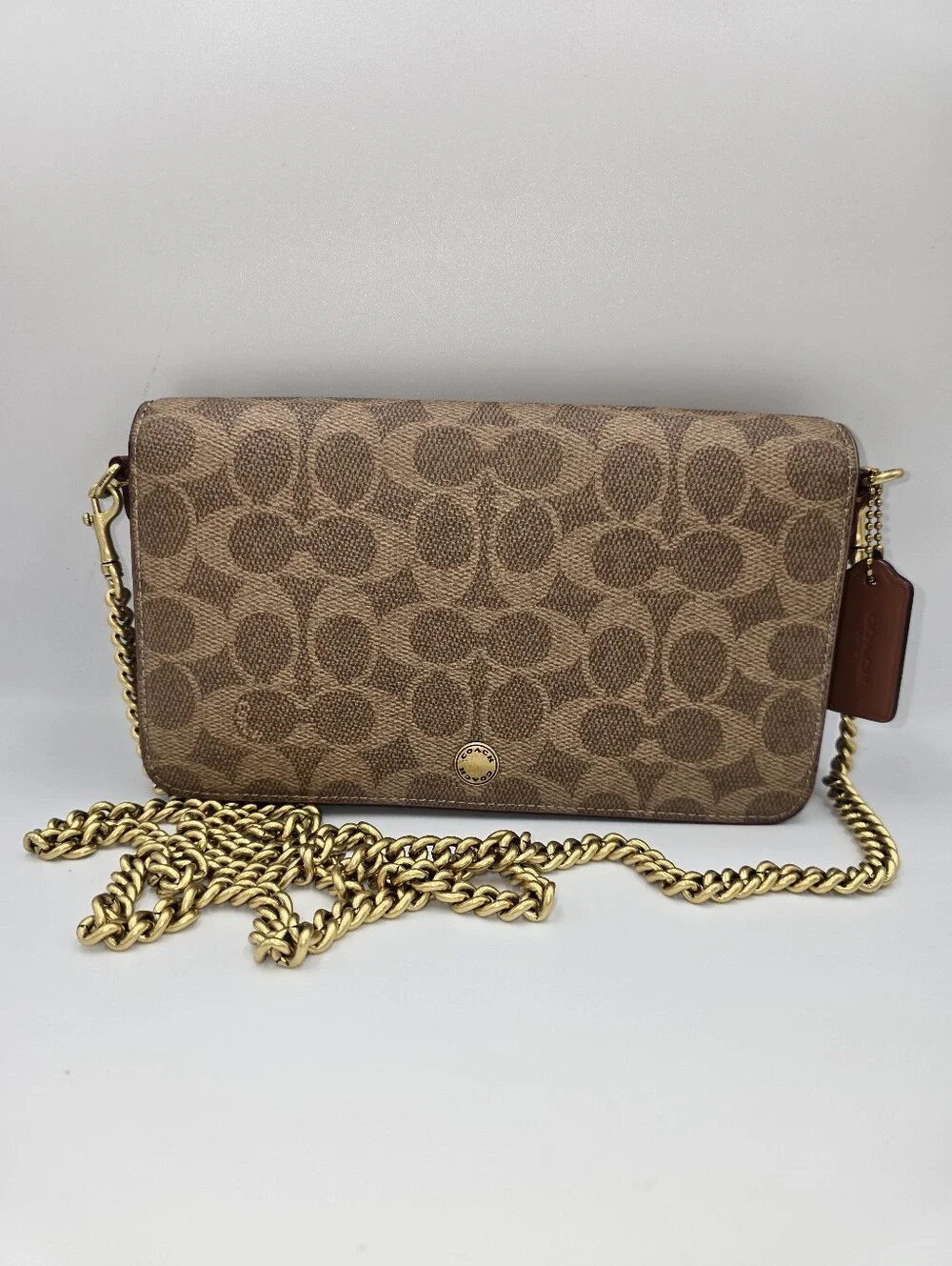 COACH CAO03 Mila Crossbody Clutch Brown Signature Coated Canvas Chain Strap